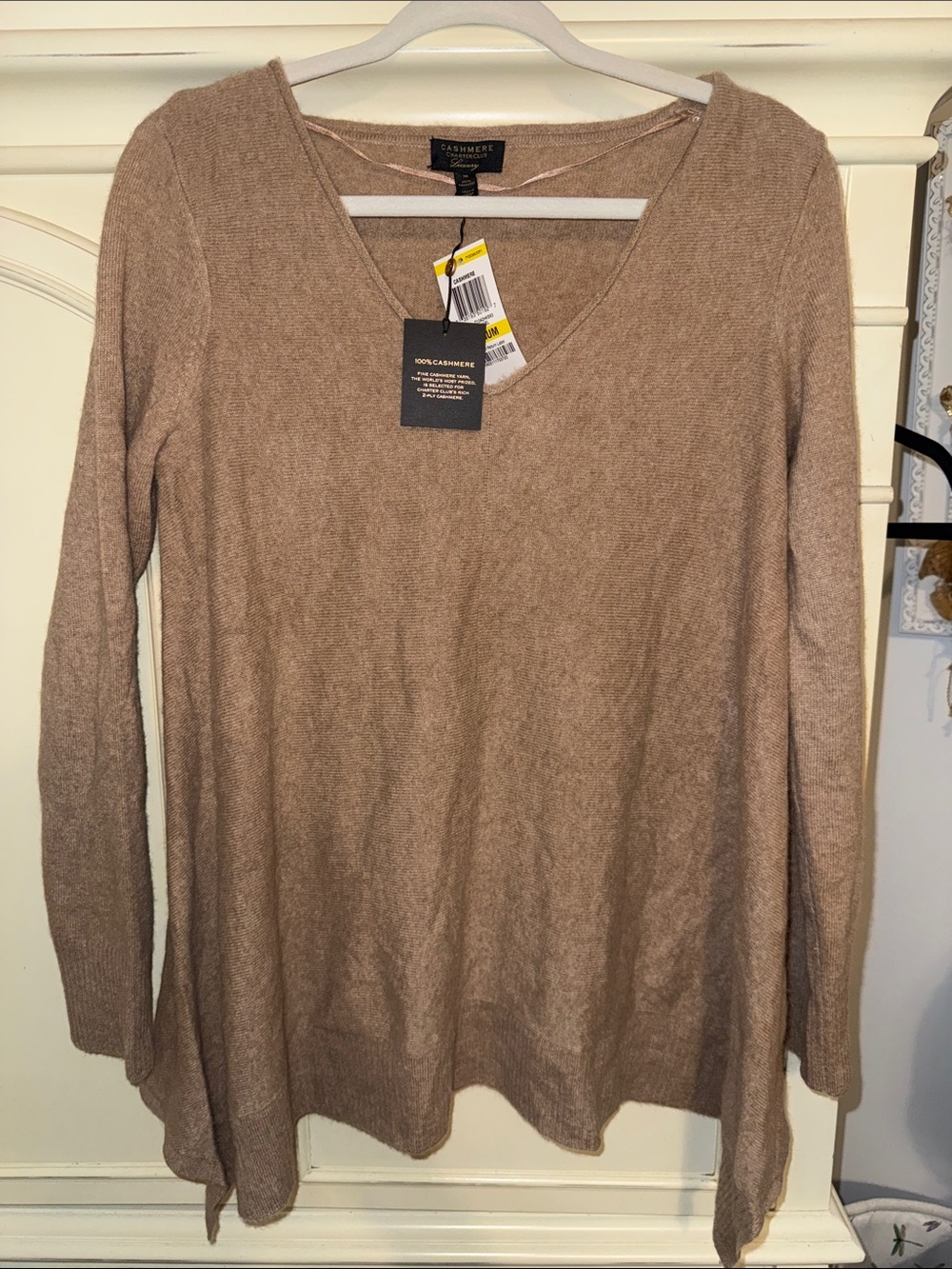 Charter Club Tan V-Neck Cashmere Sweater handkerchief Tunic medium NWT